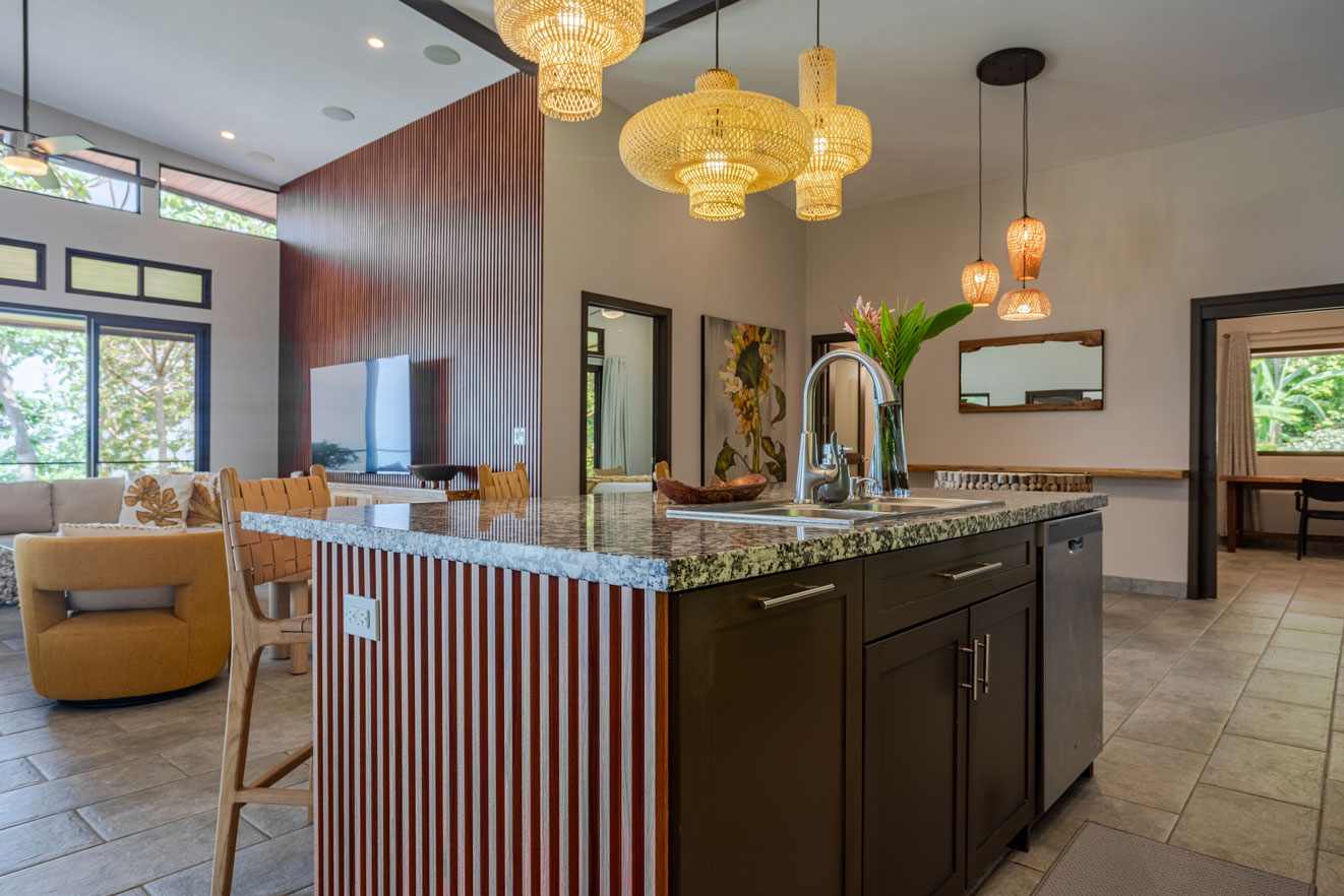 The kitchen in Villa Ballena is equipped with state-of-the-art appliances and a large island perfect for entertaining.